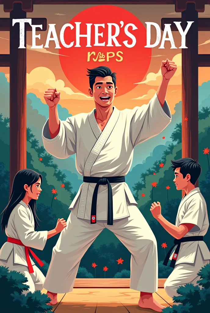 advertising poster for karate classes, children's karate classes, all dressed in White kimonos with no logos, are posing for a photo in front of a black belt and the rest of the team has other belt colours. The team is smiling and happy, and they seem to be having a lot of fun. The poster is colorful and vibrant and the background colours are white, black and red, and has a sense of energy and excitement, in full manga style