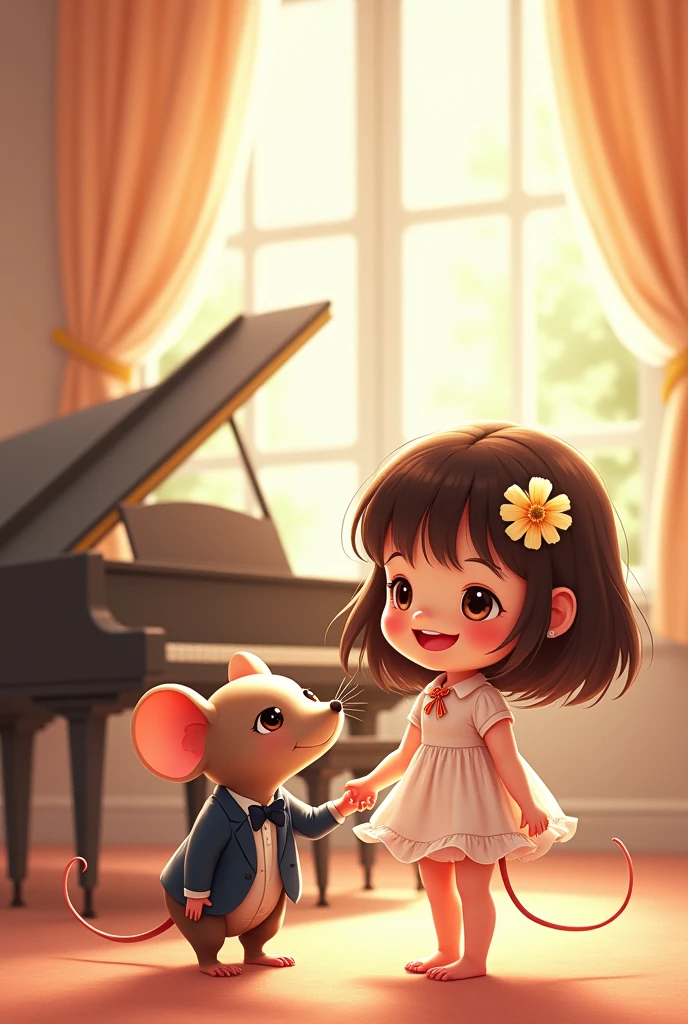 A whimsical, animated scene of a girl playing the piano, viewed from behind. She is wearing a cute navy blue dress with a playful design, and her hair bounces as she moves to the rhythm of the music. The room is softly lit with warm, golden light, creating a cozy and inviting atmosphere. Beside her, a small, animated dog with big, expressive eyes sits and occasionally wags its tail, listening to the music. The piano has fun, animated details like colorful stickers or doodles, adding to the lively and cheerful vibe of the scene. The overall feel is playful and heartwarming, capturing her love for music and her adorable dog
