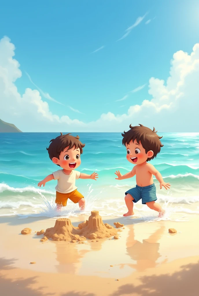 an art that has a beach, sand and two boys, a blond and a brunette