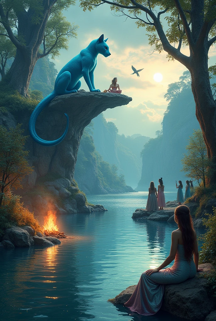 Ultra realistic digital painting of African mermaids with glimmering tails amidst a dark, mist-enshrouded lake, their beauty contrasting with a lurking sense of evil in a fantasy setting, stunning use of light and shadows, breathtaking surreal masterpiece.