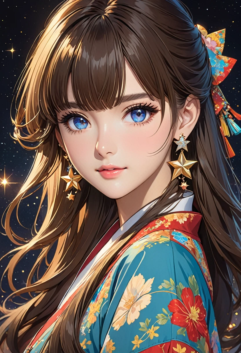 the anime girl has a very pretty face but i like the hair, 1girl, jewelry, solo, earrings, long hair, looking at viewer, star earrings, portrait, bangs