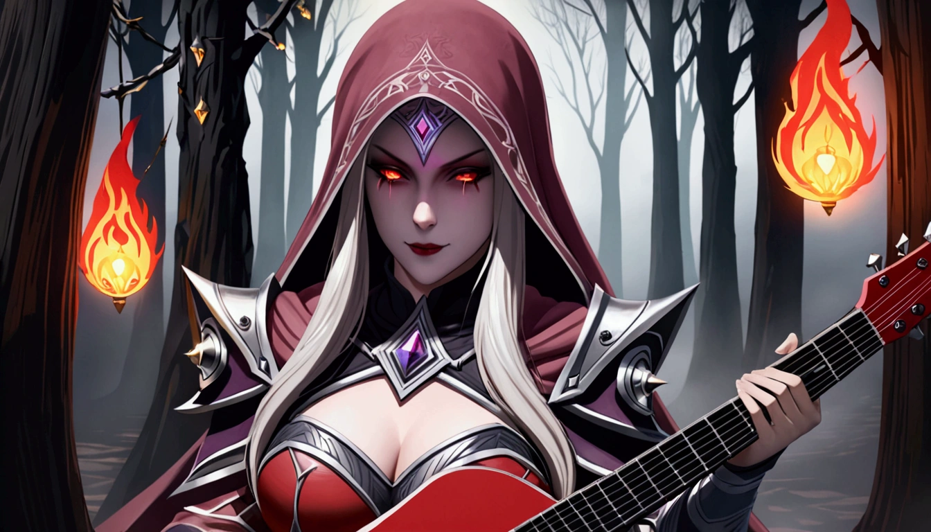 sylvanas windrunner, the legendary leader of the Renegades, sits on a dark wooden throne, surrounded by an aura of mystery and magic. in her hands, ela segura umthe guitar vermelha vibrante, its strings seemingly pulsing with supernatural energy. Os olhos dela, burning with supernatural intensity, look directly at the viewer, as if challenging them to come closer. Their long, white hair falls over the shoulders, framing her pale, ethereal face. Her lips, painted deep red, curves into an enigmatic smile, as if she kept secrets that only she knew. the guitar, that seems to have been created by magical hands, emits an intense red light that illuminates the environment around it. The strings vibrate with an energy that seems almost palpable, as if they were alive and responding to Sylvanas&#39; touch. No fundo, a dark and mysterious mist spreads, as if the night itself was closing in around Sylvanas. The atmosphere is charged with tension and anticipation, like something is about to happen. The image is a mixture of shadows and light, of mystery and magic, capturing the essence of sylvanas windrunner as an enigmatic and powerful creature.