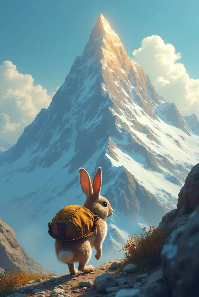 A rabbit with a cap on his back climbing a mountain in search of a ...
