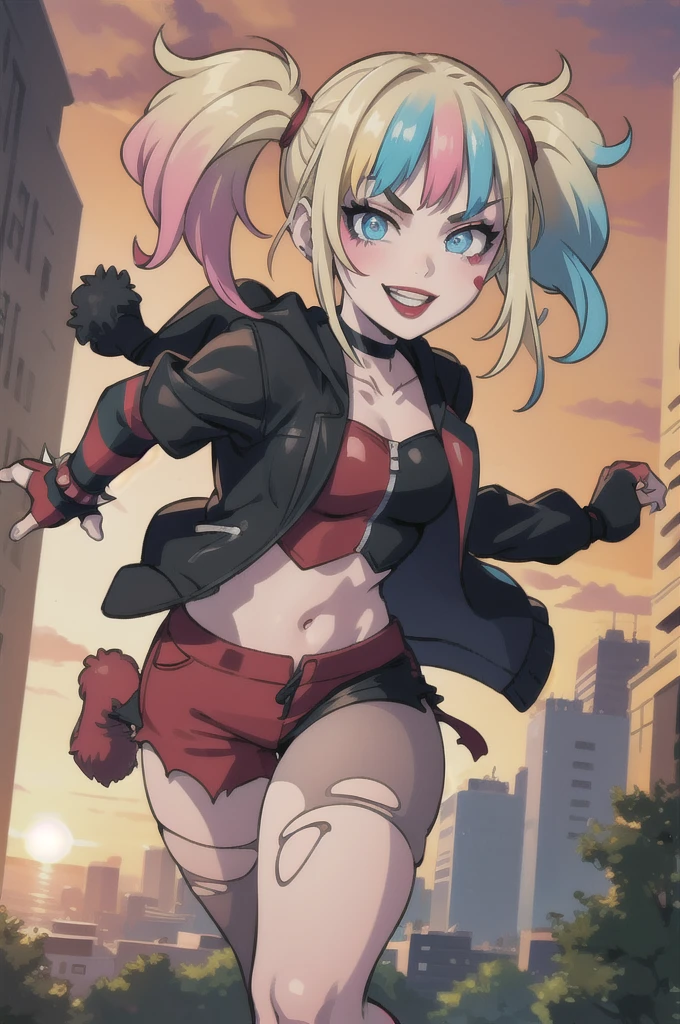 (masterpiece, best quality:1.2), solo, 1girl, isekaiharley, smile, looking at viewer, running, twintails, v-shaped eyebrows, two-tone jacket, crop top, short shorts, torn pantyhose, fingerless gloves, choker, spiked bracelet, cityscape scenery, running, sunset 