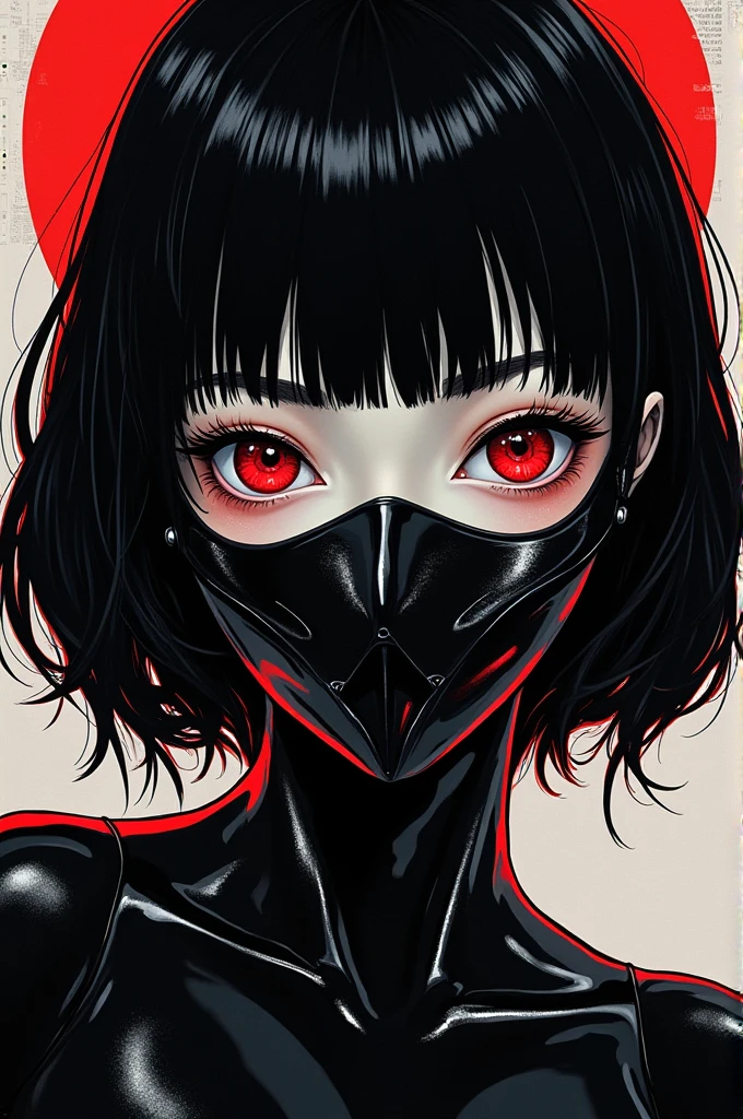 Vampire girl, short black hair, red eyes, wearing a sexy mask, her mouth open