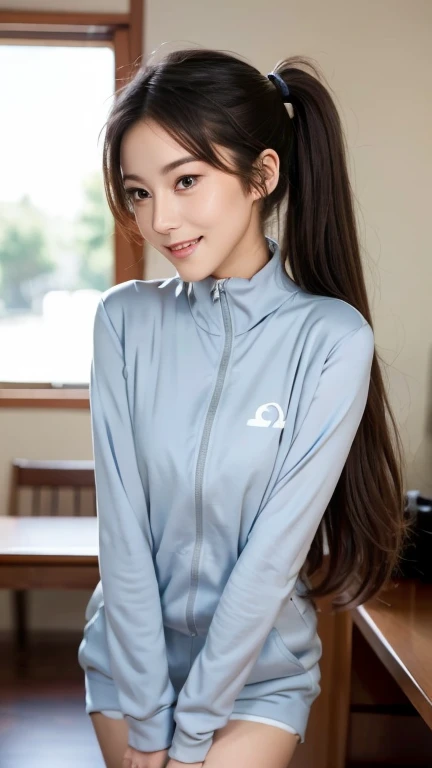 absurdres, RAW photo, extremely delicate and beautiful, masterpiece, Best Quality, ultra high resolution, 32k, hyperrealistic, ultra-detailed, perfect anatomy, anatomically correct, perfect figure, Perfect Style, Perfect balance, super Detailed skin, in her 30s, very Slim body, narrow waist, very small head, very small face, delicate facial features, handsome detailed woman, very detailed eyes and face, realistic face proportions, Realistic beautiful face, Realistic beautiful eyes, tearful mole, earring, very huge round tits, (full body shot:1.2), (full legs:1.2), medium hair, indoor, (tracksuit:1.2), sleeveless,