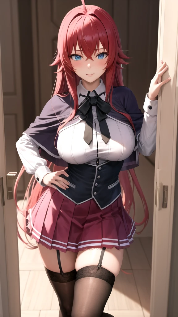 ((masterpiece, best quality)), insaneres, absurdres, solo, looking at viewer, 
ANIME_DxD_Rias_Gremory_ownwaifu, 
1girl, bangs, long hair, red hair, breasts, large breasts, rias gremory, blue eyes, hair between eyes, very long hair, collarbone, hair intakes,  hair over breasts, 
black capelet, black corset, collared shirt, kuoh academy school uniform, layered skirt, underbust, school uniform, skirt, shirt, long sleeves, purple skirt, ribbon, miniskirt, neck ribbon, thighhighs, black ribbon, 
(portrait, close-up)depth of field, vanishing point, garden, sidelighting,