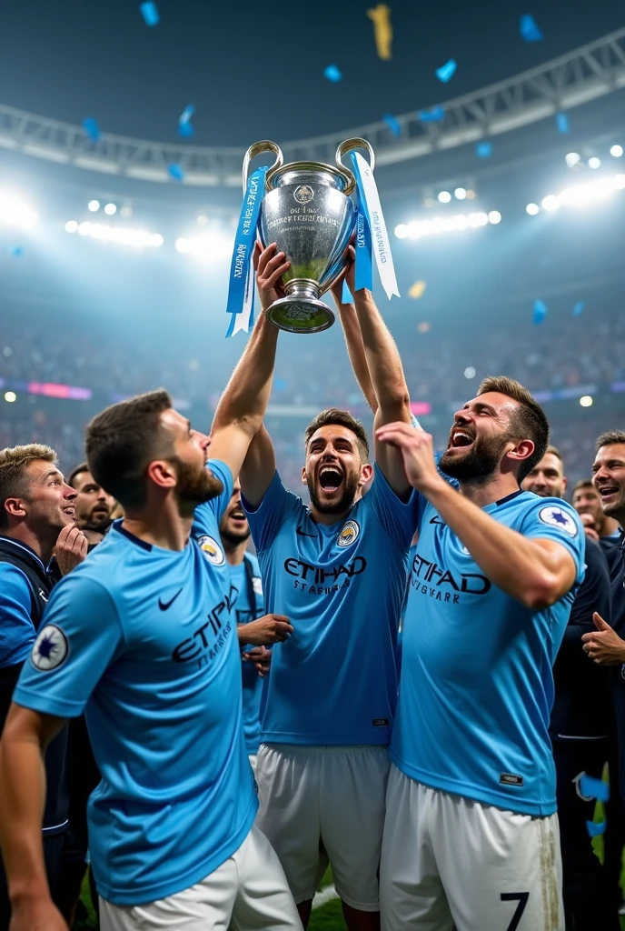 manchester city players, holding champion league cup , eithad stadium, celebration, 4k, relaity