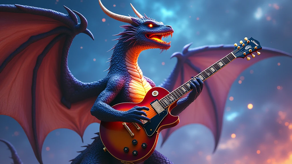 flat vector logo of a sexy voluptuous dragon girl. She has wings. She has blue scales over parts of her body. She is holding a blue sparkly fender stratocaster