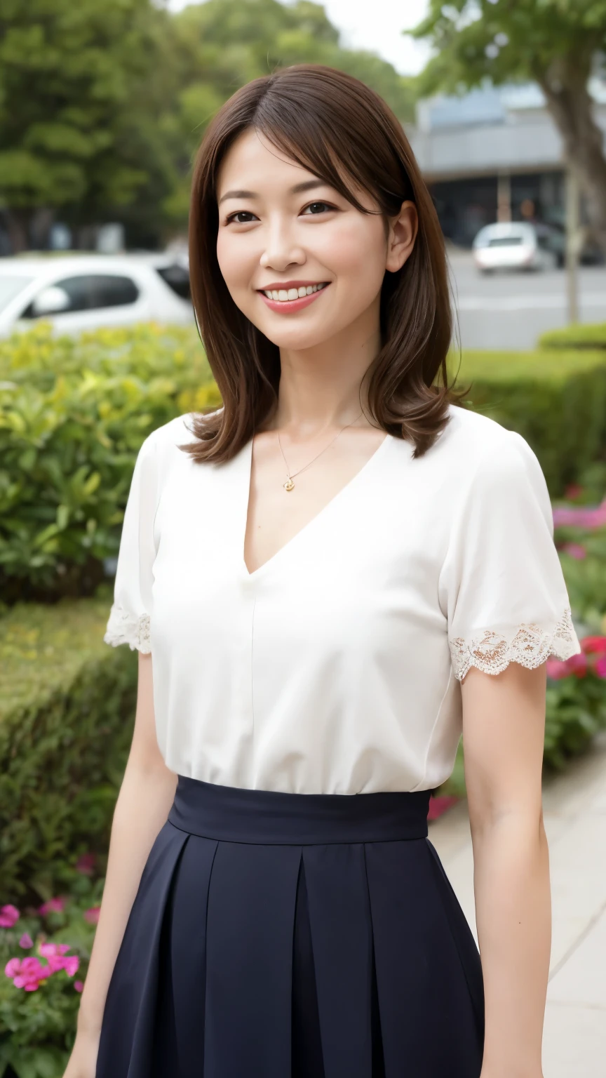 最high quality, In 8K, Masseter region, Real, Sharp focus, high quality, High resolution, Detailed face, Detailed eyes, Thick lips, Background Blur, alone, Middle-aged women, , 5, , Wavy Hair, Cleavage, Wearing a plain short-sleeved knit, Afternoon in front of the park garden, Wrinkles around the eyes, Smiling with teeth showing