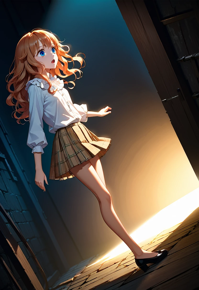 detailed illustration, dynamic angle, dramatic pose, dramatic lighting, ultra-detailed, illustration, 1girl, in late teens, ruffled blouse, plaid school skirt, (pantyhose's 1.5), long wavy hair, strawberry blonde hair, blue eyes, detailed eyes, breasts, standing in a large dark basement, look of surprise , tall body, long legs, extreme pear shape body, bottom heavy, school uniform, 1 student,