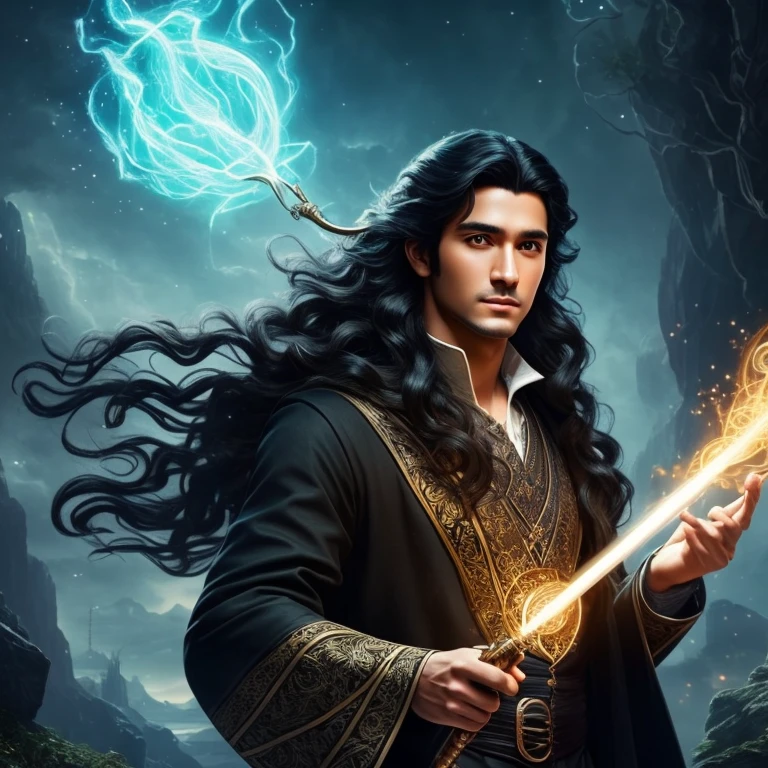 a handsome and young black-haired long-haired wizard with his magic wand, surrounded by abundant magic, magical realism, highly detailed, cinematic lighting, dramatic pose, intricate details, photorealistic, 8k, best quality