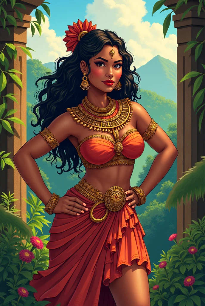 Arte Inspirada John Buscema, uma mulher, nativa do povo Asteca, Wearing traditional clothes and jewelry for festivities, sua sensualidade transparece por todo seu corpo.Full body standing near an Aztec temple