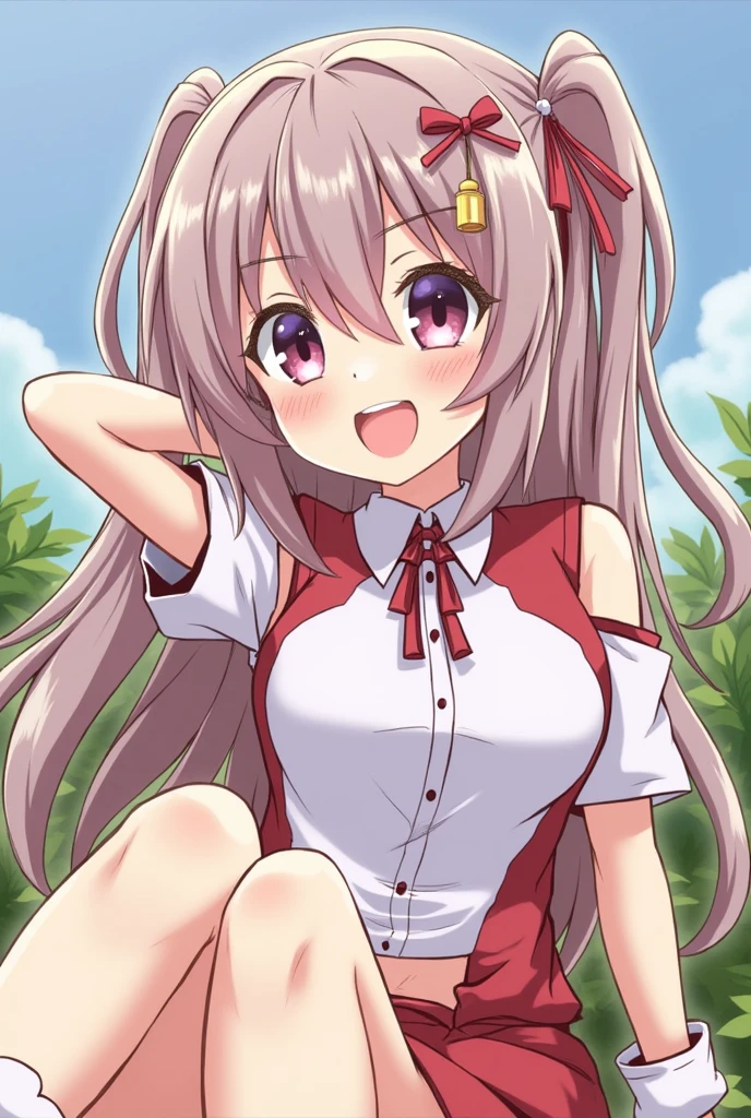1 Cute naughty toddler Girl, large breasts, thick legs, (two side up, long hair, red hair), brown eyes, (naked:1.2), (blush, ;d, yuruyuri), at the adventurer's guild, A bulletin board with posted paper