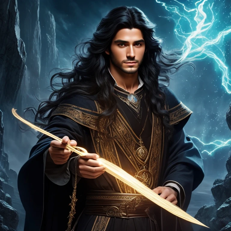 a handsome and young black-haired long-haired wizard with his magic wand, surrounded by abundant magic, magical realism, highly detailed, cinematic lighting, dramatic pose, intricate details, photorealistic, 8k, best quality CLEAN FACE