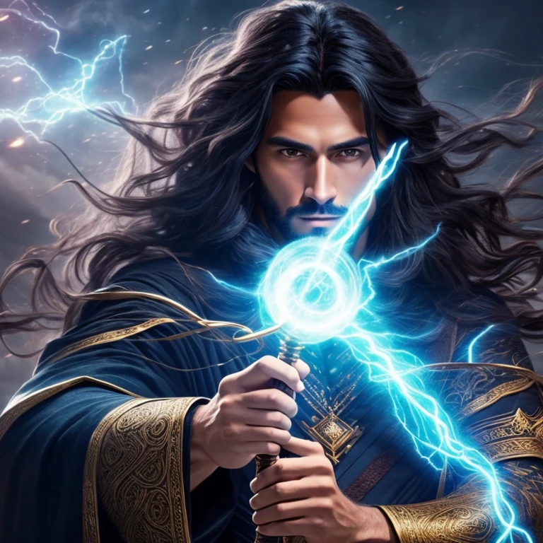 a handsome and young black-haired long-haired wizard with his magic wand, surrounded by abundant magic, magical realism, highly detailed, cinematic lighting, dramatic pose, intricate details, photorealistic, 8k, best quality CLEAN FACE