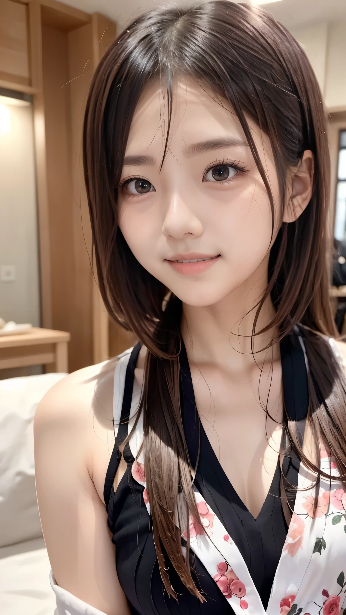 (8k,masterpiece, RAW photo,best quality:1.4),(photo realistic:1.2),(extremely detailed face),(shiny skin),(detailed skin),(detailed face),(extremely beautiful face),1girl,looking at viewer,Japanese idle(actress), brown hair,medium hair,straight hair,asymmetrical bangs,smile,glamor,large breasts,lingerie,in shower room,face close up,natural lighting