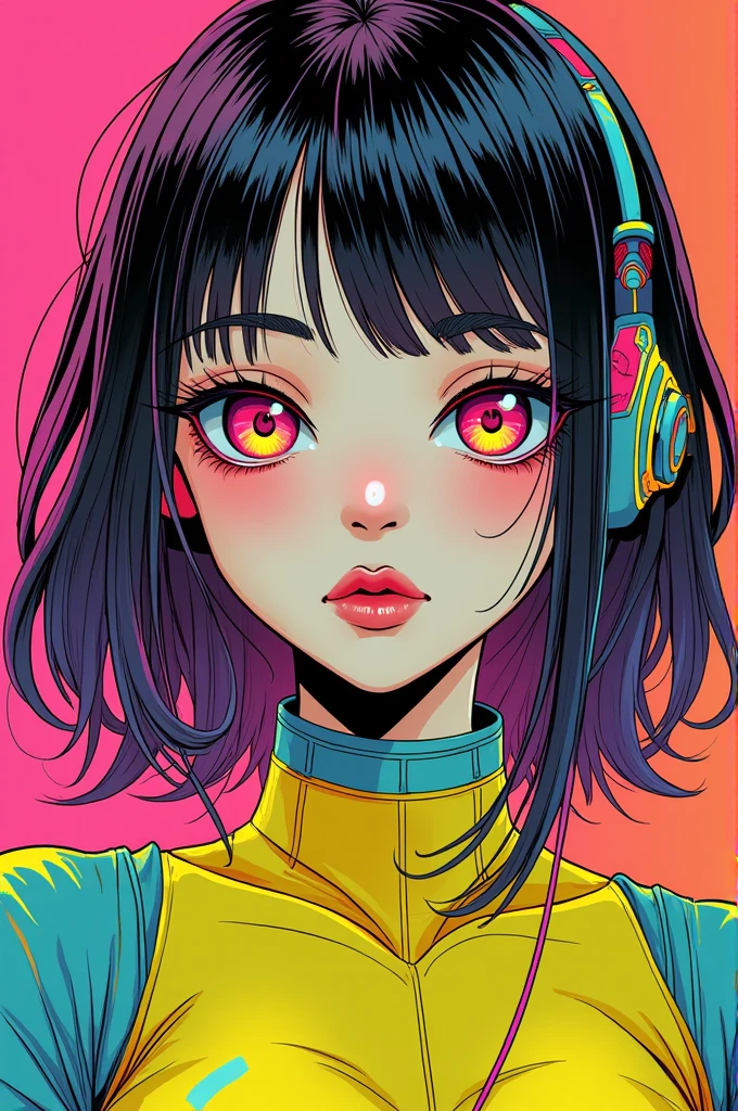 ((best quality)), ((masterpiece)), (detailed), perfect face of cyberpunk mecha japanese girl, neon rainbow eyes, neon yellow body, rainbow hair, ((monochromatic neon rainbow color palette)), surreal, art nouveau, in the illustrative style of moebius, spaceships, aliens, fantasy, sci-fi, graphic novel, line drawing, french retro, bizarre, gallery worthy, work of uncanny art, in a funky background portrait of little alien woman, Prominent eyes, funky background, illustration, anime, vector, nft, azuki style, anime style, cowboy shot,digital multi colored, slick bold design, clean, glossy lines, digital illustration, gloss finish, funky aesthetic, impeccable detail, awesome visual impact, endowed with gloss finish, bathed in volumetric lighting, refined by Add_Details_XL-fp16 algorithm, 4D octane rendering, infused with global illumination and precise line art, softened through macros, executed with V-Ray, epitome of visionary art, nuanced by elegant perfectionism and pop art consumerism, infused, aw0k euphoric style --niji 50 --testp --chaos 50Lengua fuera, Ojos rosados, Auriculares, Boina, POV,
