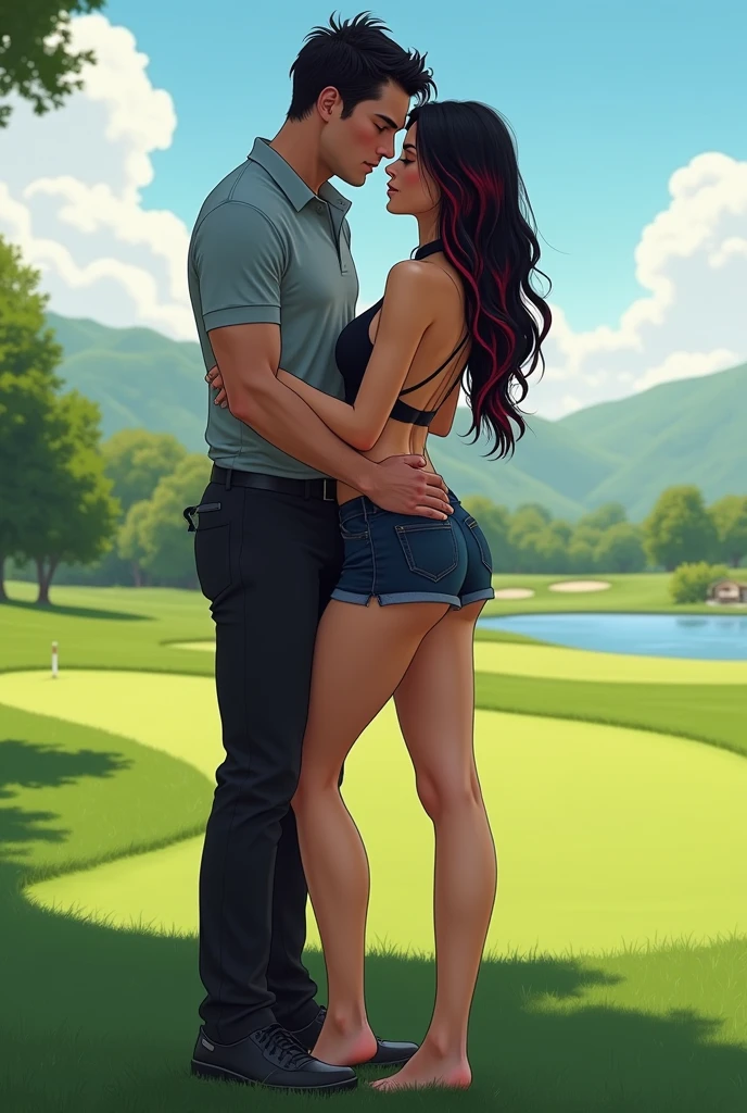 Man wearing blue shirt with white stripes and white pants kissing a sexy woman wearing a white t shirt and pink cargo pants in the desert