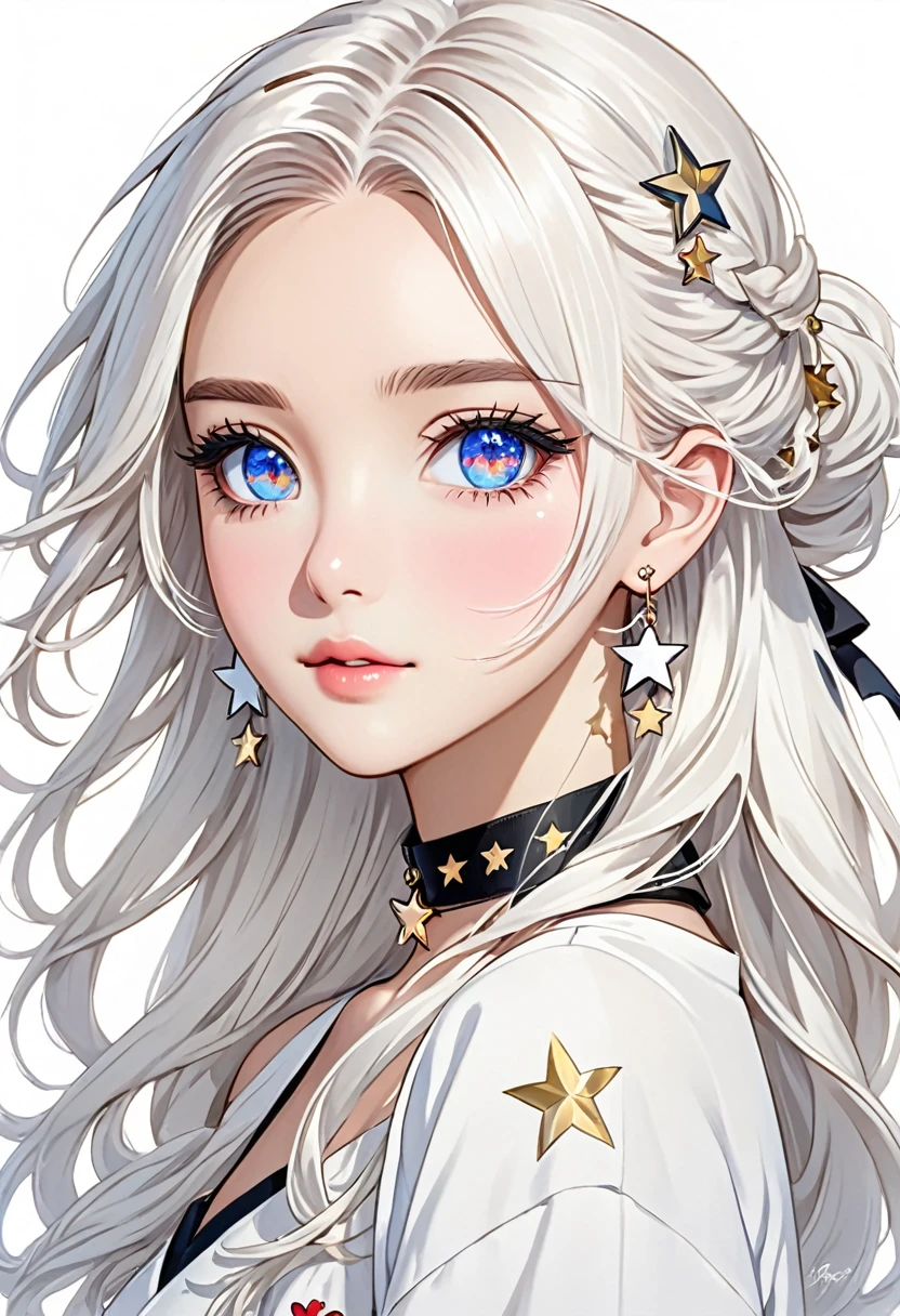 a beautiful anime drawing of a pretty girl with white hair and stars on her eyes, 1girl, solo, heart, jewelry, earrings, long hair, choker, star (symbol), white background, looking at viewer, simple background

