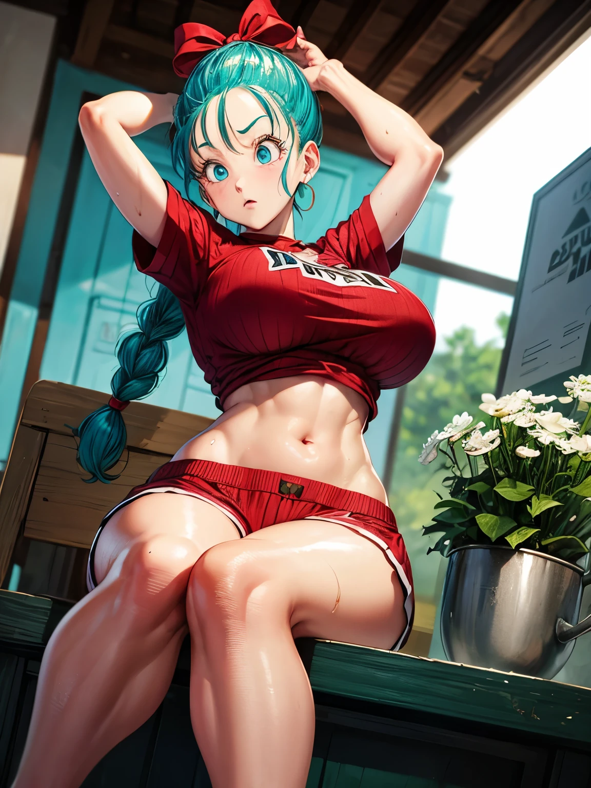 masterpiece, Highest quality,  Unreal Engine,  Super Resolution,  Very detailed, 

Beautiful woman, Bloomers, One Girl, alone, blue eyes, Blue Hair, Aqua Hair, Single Blade, Braided Ponytail, Hair Ribbon, Red ribbon, Hair Ribbon, Earrings,  Vivid expression, Healthy Body, Beautifully detailed sweat glands, Smooth skin texture, Carefully drawn, 

(humidity:1.2), Beautiful Eyes, (Attractive face:1.2), (Beautiful Skin), (Big Breasts), Puffy nipples, (Sticky with sweat), In a dynamic pose,

In the world of Dragon Ball, Capsule Corporation, 