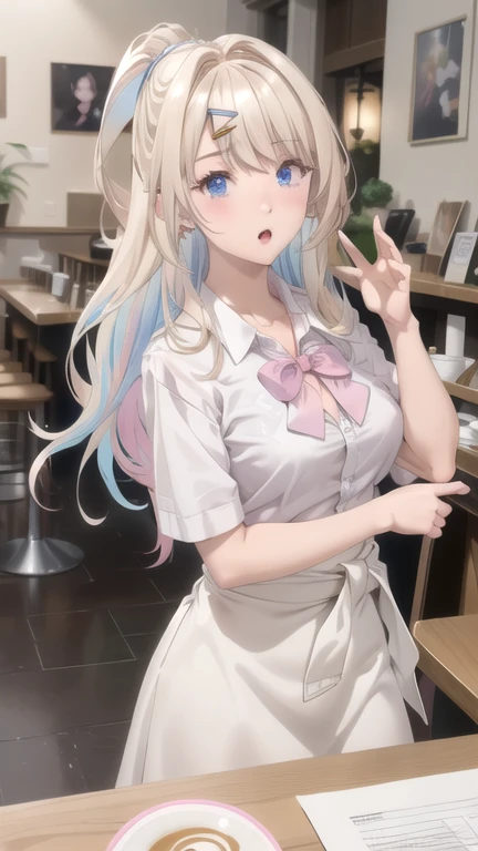 ((masterpiece)), breasts, looking_at_viewer, shirakawa runa, 1girl, solo, long_hair, blush, bangs, blue_eyes, blonde_hair, white_school_uniform, hair_ornament, bow, cleavage, blue_hair, collarbone, (white_shirt:1.5), hair_bow, multicolored_hair, hairclip, collared_shirt, clothes_around_waist, skirt, (pink_bowtie:1.5), streaked_hair, (one_side_up:1.4), gyaru, kogal, ((head tilt, confused, :o)), short sleeves, arms_on_table, (crossed_arms:1.3),

masterpiece, best quality, high quality, absurdres, shiny skin, colorful, dynamic pose, stunning art, best quality, hyper detailed, dynamic angle, beatlful detailed, reflective hair, good lighting, ray tracing, depth of field, ultra-detailed, illustration, Amazing, fine detail, extremely detailed, ((ultra-detailed)), (beautiful detailed girl), beautiful detailed glow, intricate detail, highres, an extremely delicate and beautiful, beautiful detailed eyes, realistic, hdr, rounded eyes, detailed facial features,

(illustration), (beautiful detailed eyes), ((very detailed face)), depth_of_field, eyebrows_visible_through_hair, looking_at_viewer,

clothes reflecting light, (light diffraction on skin: 1.35), (glossy skin: 1.55), (Iridescence Effect: 1.55),

(cafe:1.5),

critical angle