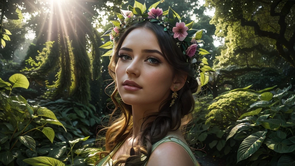 a lush, vibrant garden, a girl in a flowing dress, beautiful detailed eyes, beautiful detailed lips, extremely detailed face and features, long eyelashes, delicate flower crown, petals blowing in the wind, sunlight filtering through the trees, vibrant colors, soft bokeh, serene atmosphere, cinematic lighting black green, intricate details, masterpiece, photorealistic, 8k, best quality