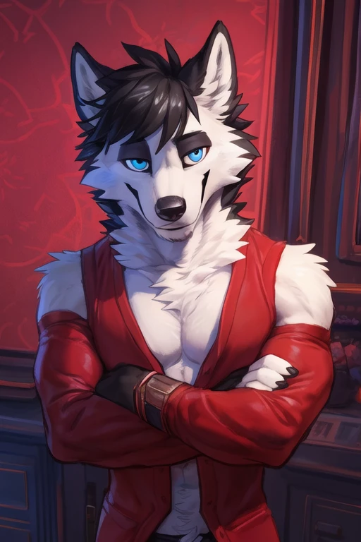 (((wearing a red suit, male focus,  male, by takemoto Arashi, male, solo, wolf (Atlas a all white fur, all white body Wolf with blue eyes and nose and black hair An artwork ),,all white fur, all white body, muscular build, muscular, muscle, chest, fluffy, realistic,))), sensual, detailed, uploaded to e621, beautiful and detailed of an anthropomorphic , (((male))) uploaded to e621, zaush, foxovh, movie lighting,  body, alone, movie cover, detailed, 8k res, hires, detailed eyes, good anatomy, good perspective, towards viewer, by bebebebebe, by sicklyhypnos, by gerkk, by orf, nice hands, perfect hands, happy, romantic, ray tracing lighting, rtx on