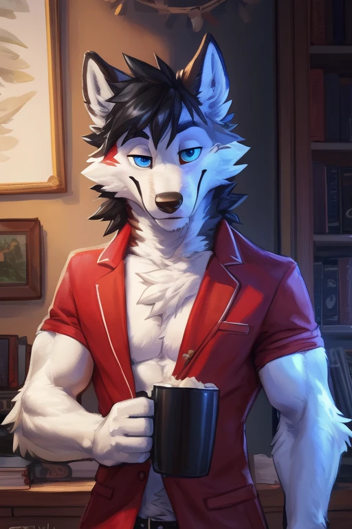 furry, anthro, alaskan malamute:1.5, solo, average male, naked, standing in a kitchen holding a coffee mug looking slyly at the viewer:1.3, super detailed, detailed face, best art, 8k, vibrant, by taran fiddler:1.8, by RedRusker:1.8, art stile, 3D, halfbody,