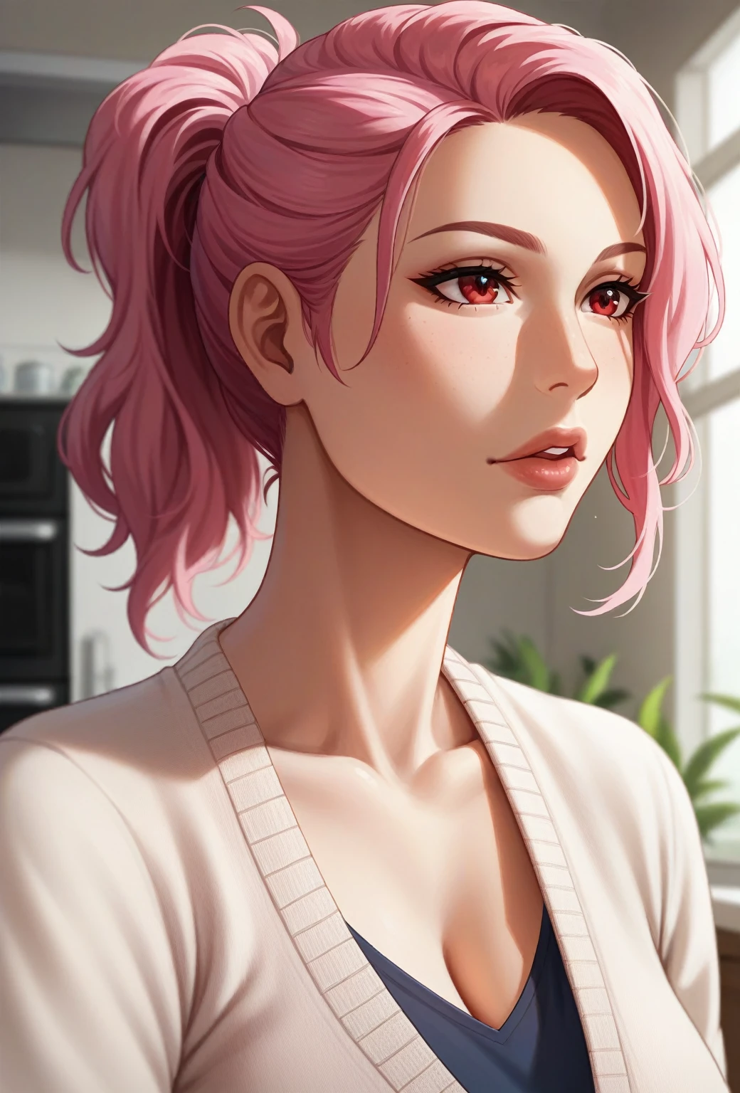 <lora:Monna_Haddid_Virtual_Influencer_SD_by_UOC_r2:1>, monna haddid, monna haddid official, virtual influencer, 1girl, solo, breasts, cleavage, green eyes, red hair, short hair, lips, shirt, nose, upper body, collarbone, looking to the side, medium breasts, realistic, black shirt, looking away, indoors