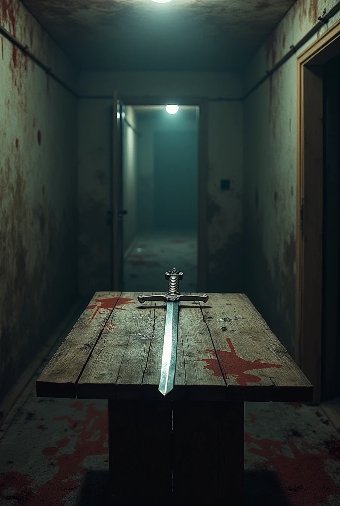 blood-stained machete in a well-lit barn, fazenda, diffuse lighting
