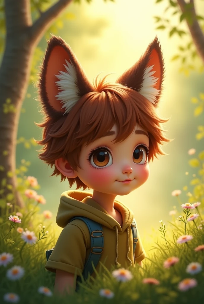 (A boy with a fox face, Detailed ears and fur, Beautiful amber eyes, playful smile, ne rien porter, debout dans un jardin luxuriant, Surrounded by blooming flowers and tall trees, Sunlight filtered through the leaves and cast a warm glow, Des couleurs vives et vives, Photorealistic style, avec une touche de fantaisie et de fantaisie, High-quality rendering and sharp focus, Capture every intricate detail of the boy and surroundings, creating a captivating and enchanting scene)