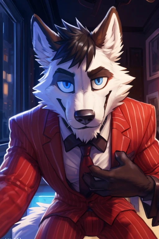 (((wearing a red suit,evil face, scary looking, red suit and tie, male focus,  male, by takemoto Arashi, male, solo, wolf (Atlas a all white fur, all white body Wolf with blue eyes and nose and black hair An artwork ),,all white fur, all white body, muscular build, muscular, muscle, chest, fluffy, realistic,))), sensual, detailed, uploaded to e621, beautiful and detailed of an anthropomorphic , (((male))) uploaded to e621, zaush, foxovh, movie lighting,  body, alone, movie cover, detailed, 8k res, hires, detailed eyes, good anatomy, good perspective, towards viewer, by bebebebebe, by sicklyhypnos, by gerkk, by orf, nice hands, perfect hands, happy, romantic, ray tracing lighting, rtx on