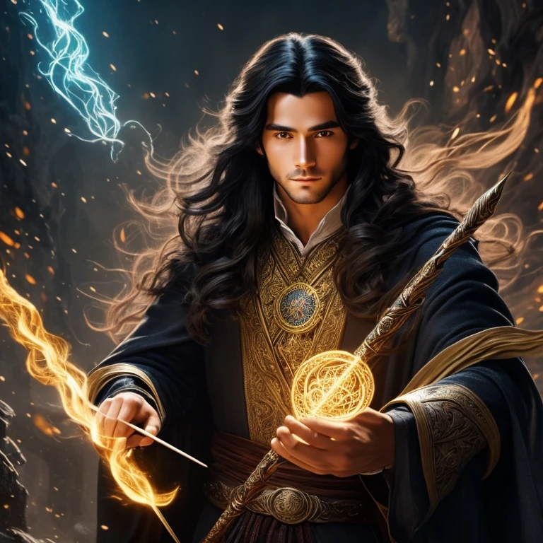 a handsome and young black-haired long-haired wizard with his magic wand, surrounded by abundant magic, magical realism, highly detailed, cinematic lighting, dramatic pose, intricate details, photorealistic, 8k, best quality