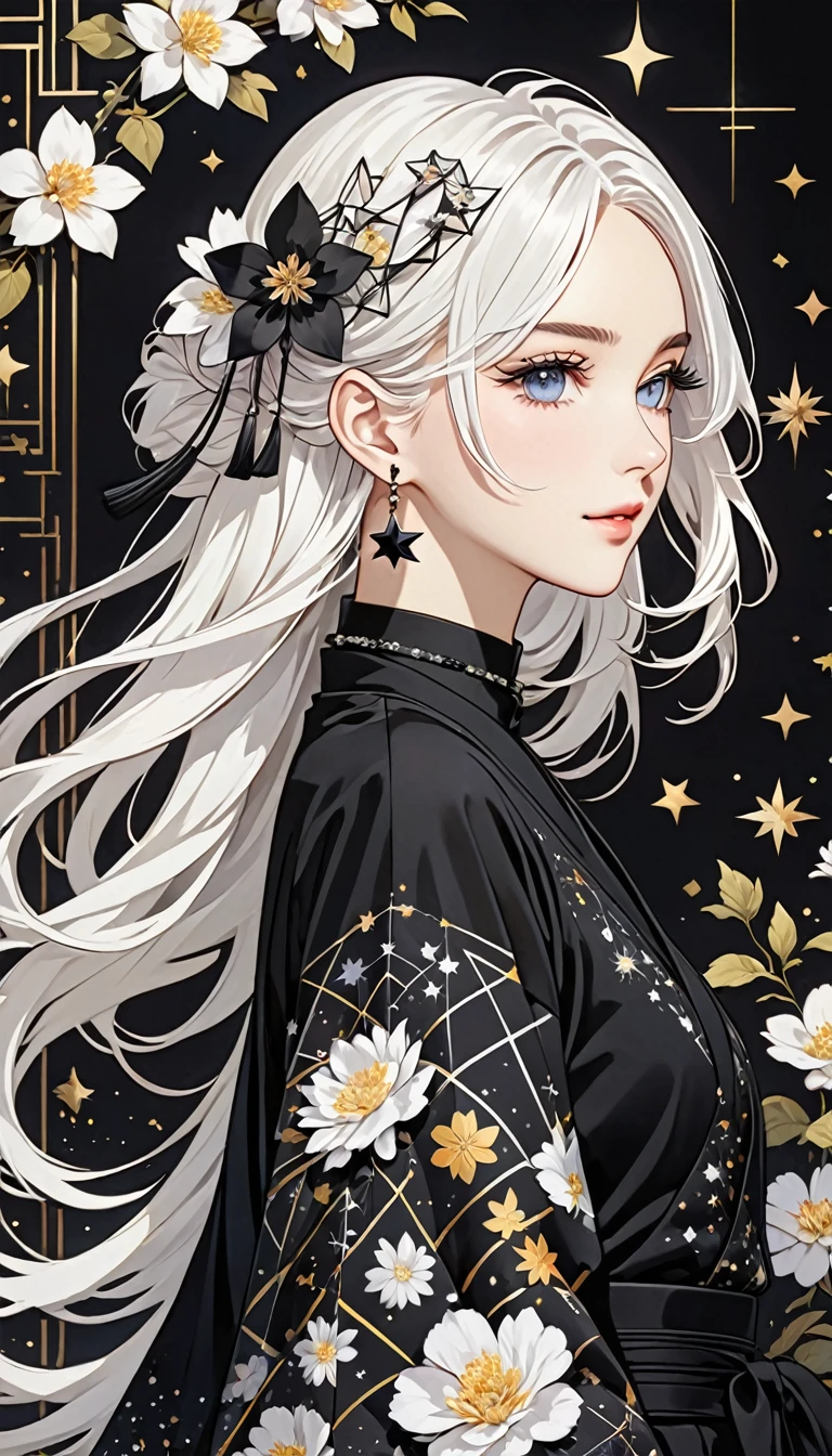 The image depicts a character with long, flowing white hair adorned with a black hairpin shaped like a flower. The character is wearing a black outfit and a matching choker necklace featuring geometric shapes and star motifs. The overall aesthetic is elegant and has an anime-inspired style.