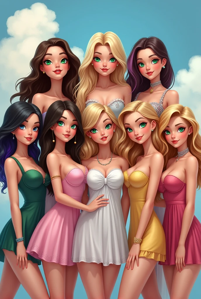 Three women, in colorful formal evening gowns posing in front of a window, selfie, large breasts, random hair styles, elegant makeup, tiara, white gloves, dainty, beautiful, perfect skin, 8k resolution, perfect lighting, perfect face, perfect shading, extreme detail, cocktail dress, shining, from above, group hug, taking selfie with smartphone:1.5