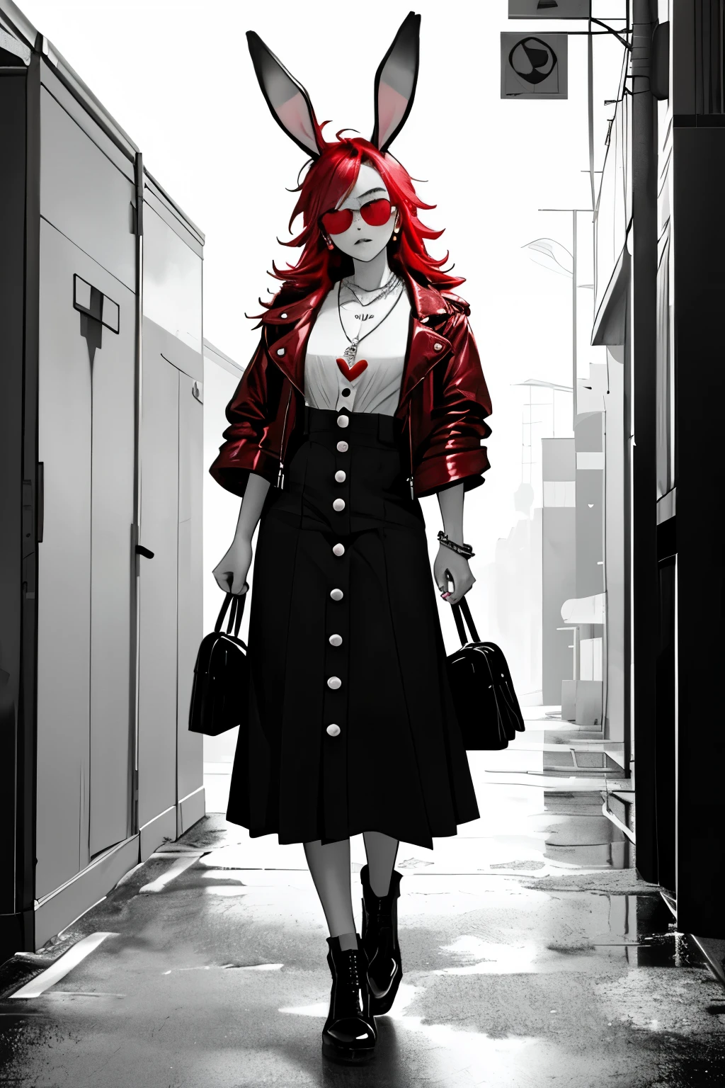 Sin City,Monochrome, grayscale,( emphasize_OK), Halftone、cut out、transparent_young woman, Long Red Hair,chupa chupsをなめる、White button-up shirt、Cute Necklace、Cute Animal Jewelry Brooches、 Porcelain-like skin, Pink eyebrows,Heart shaped face, Slender body, Small breasts, Red mirrored sunglasses、Red Overalls、rabbit ears cap、Red leather jacket ,Denim long skirt、Large backpack、Red Handbag、Red shoulder bag、Carrying a lot of baggage、Full body portrait、masterpiece, Highest quality,  