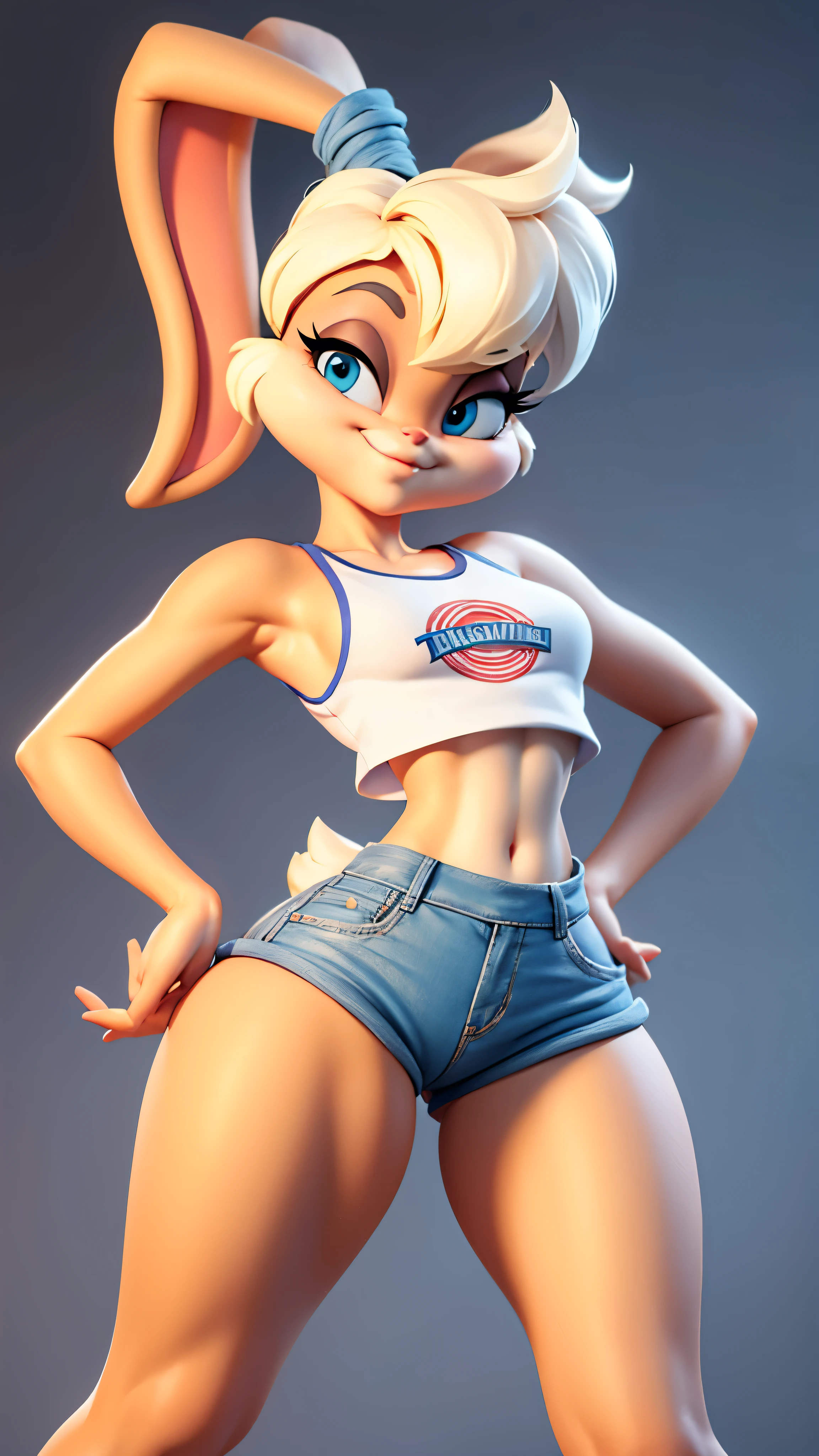 masterpiece, cartoon character, 3D, Lola bunny, doe, rabbit ears, ears up, without ears down, blue eyes, smile, slim, small breasts, flat stomach, Abdomen sexy, nice legs, piernas slims, rabbit legs, crop top, fitted shorts, Short negro, very short shorts, rabbit legs, urban neighborhood, dildo in hand,