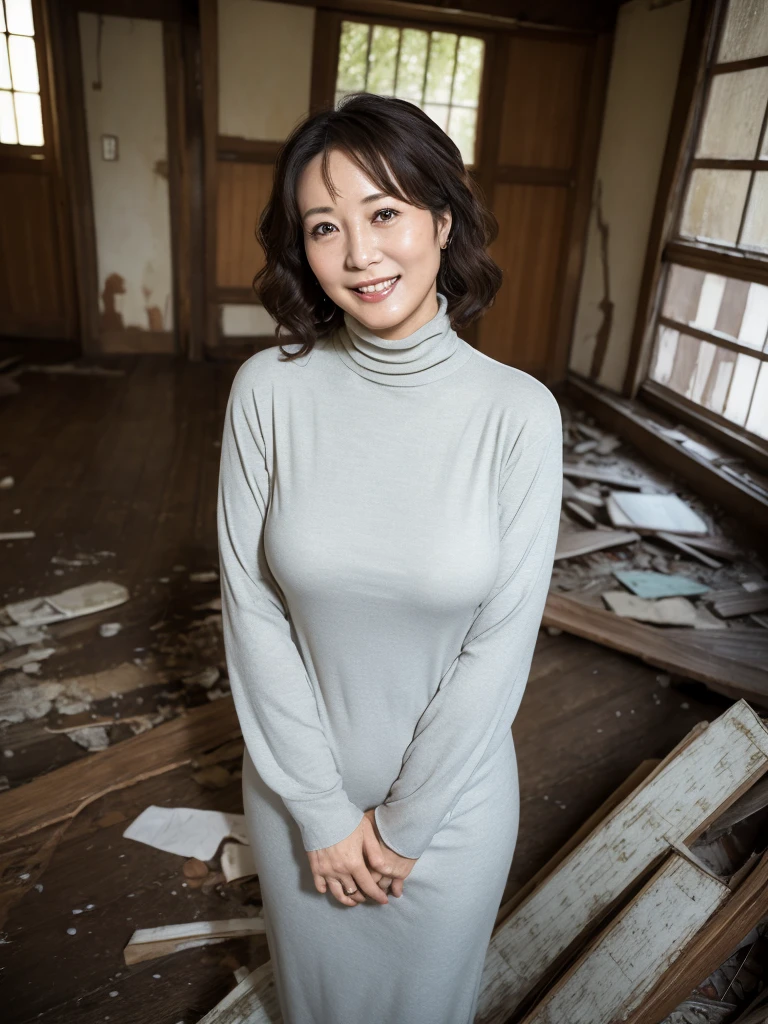 Osaka's aunt、Organic Photography、Highest quality、masterpiece、Ultra-high resolution、Beautiful old lady、50 years old、Looking at the audience、Elegant face、Smiling with teeth showing、Large Breasts，Sagging breasts、Wear a simple turtleneck dress、Wavy Hair、hot pants,In an abandoned house，Collapsed house，Background Blur