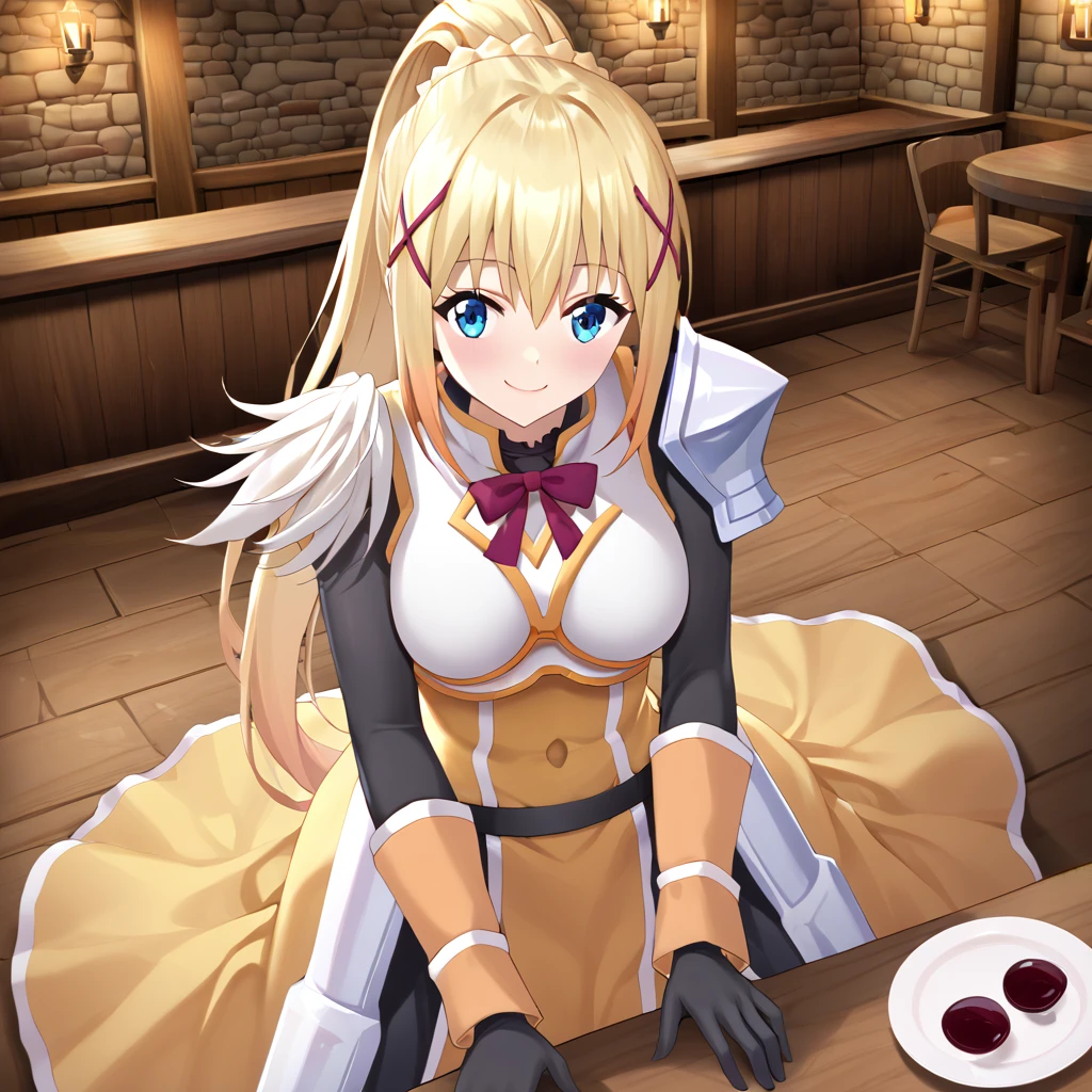 Masterpiece. 2D. Solo. 1 girl. Fantasy. A cozy, dimly lit fantasy tavern with wooden beams and stone walls. First-person view. Darkness from Konosuba. Woman sitting on a chair next to a wooden table. She is wearing her plate armour. Darkness, a tall woman, long ponytail, She has bright blue eyes and a soft, confident smile. A large wooden cup filled with dark wine sits on the table next to her, and she's gently holding it by the handle. The flickering ambient light of the hearth softly illuminates her.