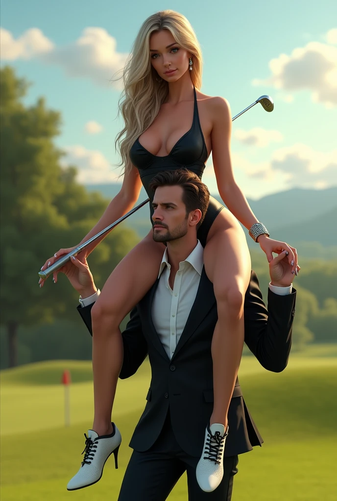 Giantess lies across the golf fairway with gigantic breasts .