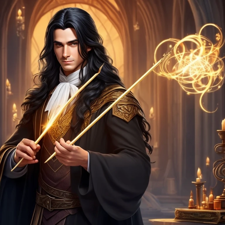 CREATE A HANDSOME YOUNG WIZARD, long black hair, Without beard, androgynous, perfect hands, perfect look, WITH HIS MAGIC WAND SURROUNDED BY A LOT OF MAGIC