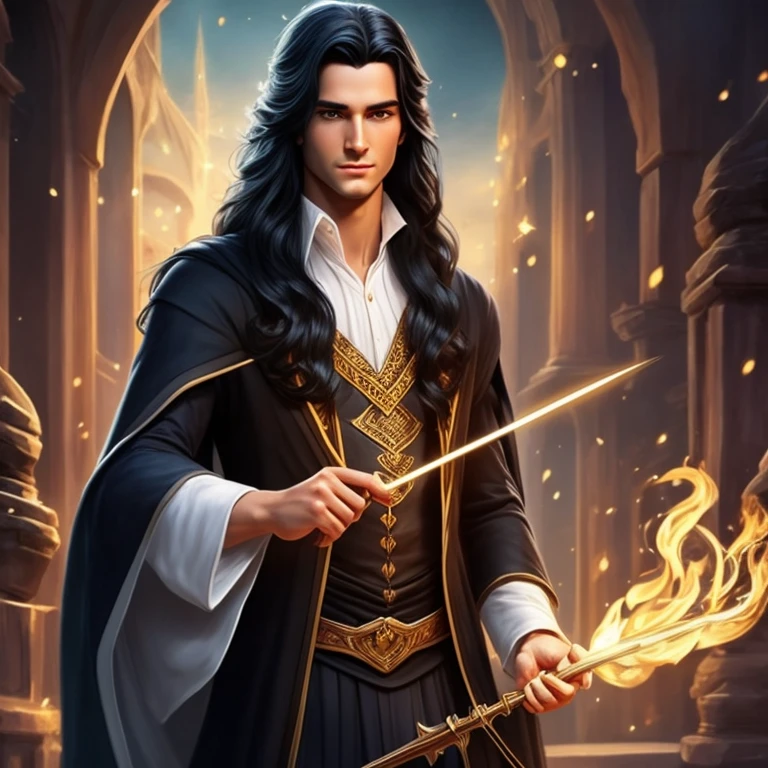 CREATE A HANDSOME YOUNG WIZARD, long black hair, Without beard, androgynous, perfect hands, perfect look, WITH HIS MAGIC WAND SURROUNDED BY A LOT OF MAGIC