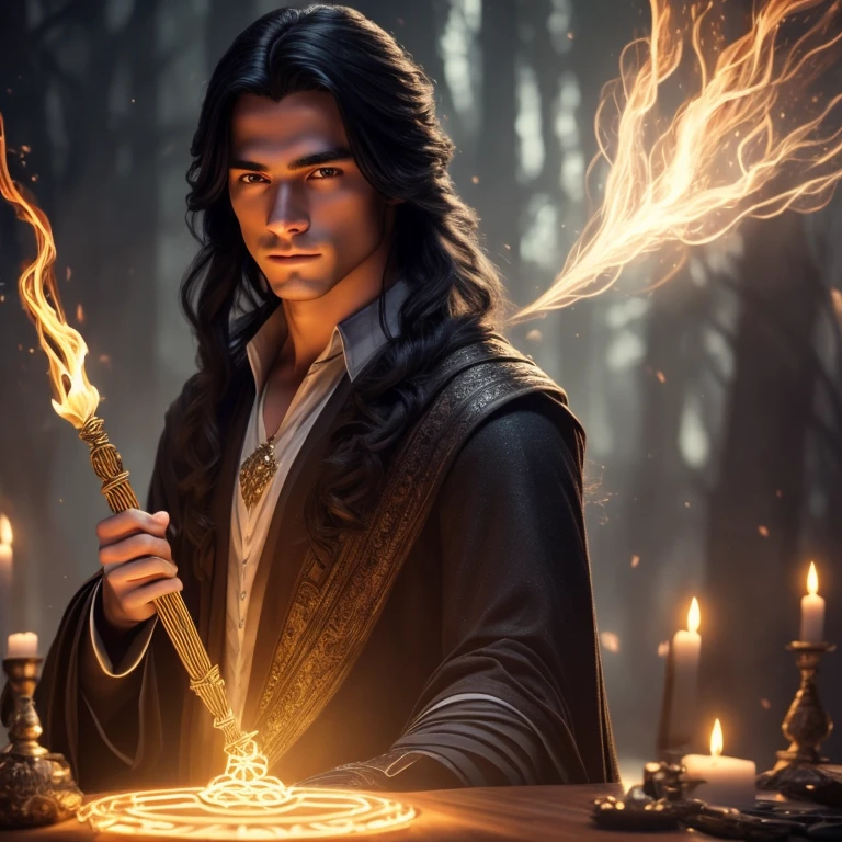 a young handsome androgynous wizard with long black hair, no beard, perfect hands, perfect gaze, holding a magic wand, surrounded by magical elements, (best quality,4k,8k,highres,masterpiece:1.2),ultra-detailed,(realistic,photorealistic,photo-realistic:1.37),intricate details,dark fantasy,dramatic lighting,cinematic,moody atmosphere,vivid colors,glowing magic effects