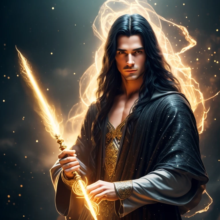 a young handsome androgynous wizard with long black hair, no beard, perfect hands, perfect gaze, holding a magic wand, surrounded by magical elements, (best quality,4k,8k,highres,masterpiece:1.2),ultra-detailed,(realistic,photorealistic,photo-realistic:1.37),intricate details,dark fantasy,dramatic lighting,cinematic,moody atmosphere,vivid colors,glowing magic effects