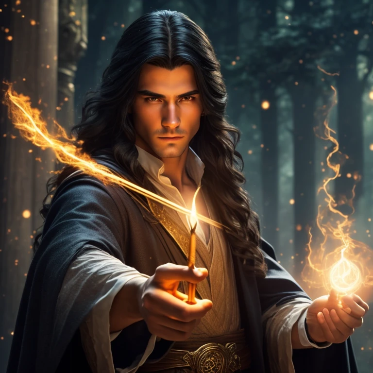 a young handsome androgynous wizard with long black hair, no beard, perfect hands, perfect gaze, holding a magic wand, surrounded by magical elements, (best quality,4k,8k,highres,masterpiece:1.2),ultra-detailed,(realistic,photorealistic,photo-realistic:1.37),intricate details,dark fantasy,dramatic lighting,cinematic,moody atmosphere,vivid colors,glowing magic effects