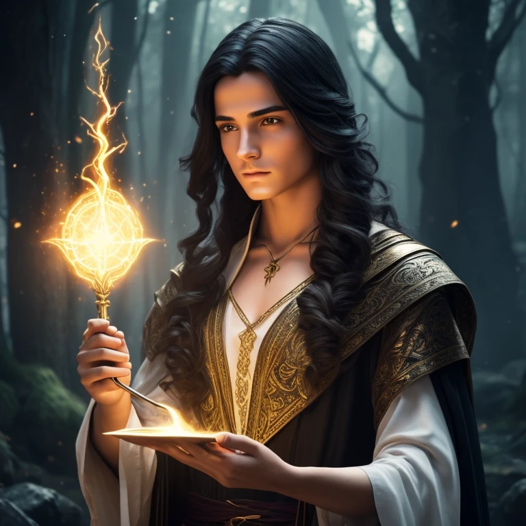 a young handsome androgynous wizard with long black hair, no beard, perfect hands, perfect gaze, holding a magic wand, surrounded by magical elements, (best quality,4k,8k,highres,masterpiece:1.2),ultra-detailed,(realistic,photorealistic,photo-realistic:1.37),intricate details,dark fantasy,dramatic lighting,cinematic,moody atmosphere,vivid colors,glowing magic effects