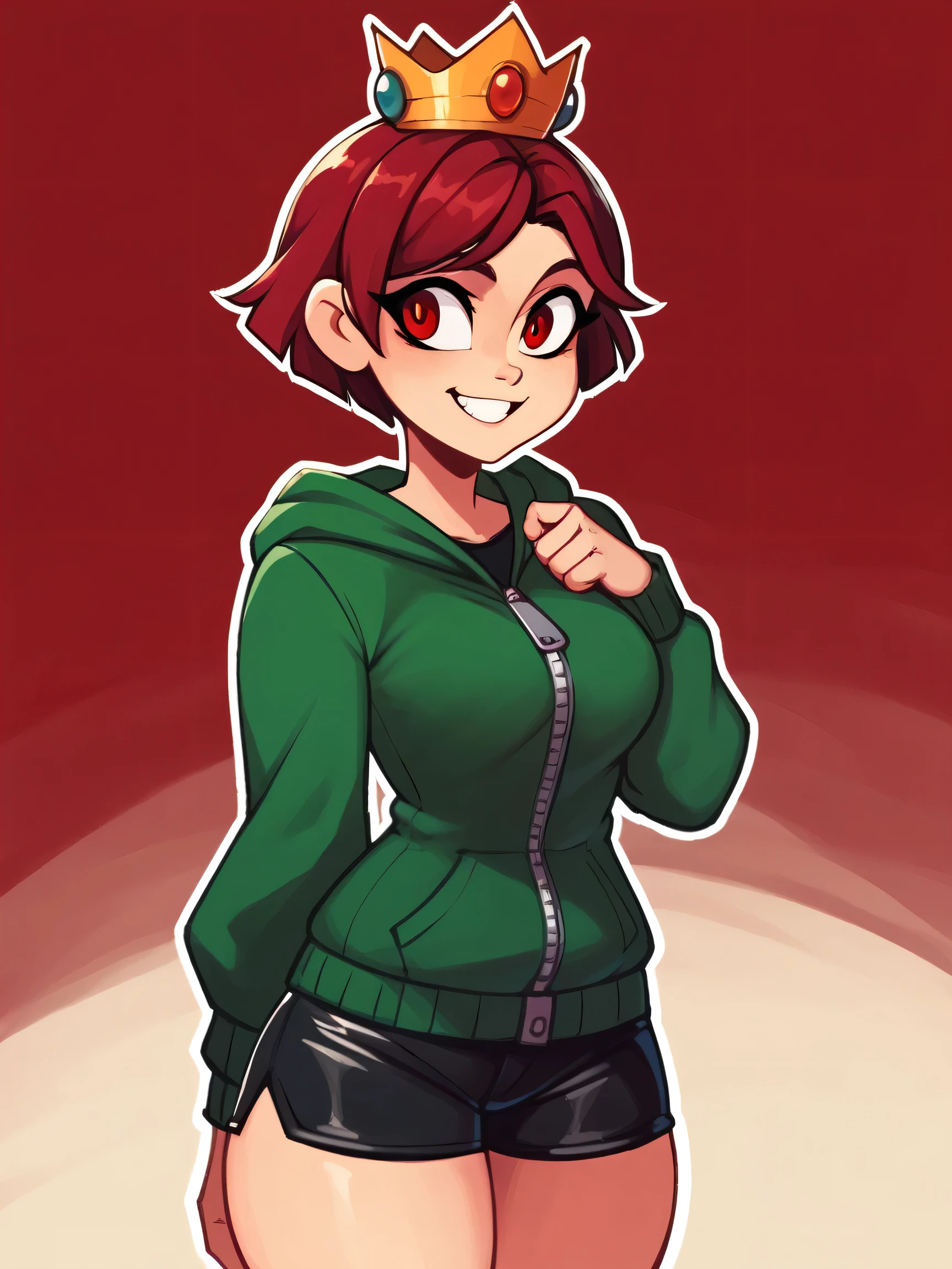 score_9, score_8_up, score_7_up, score_6_up, score_5_up, raichiyo33, 1girl, curvy, masterpiece, highres, red background, solo 1girl, white outline, red eyes, curvy, Enti, Short Hair, Red Hair, Green Hoodie, zipper, black shorts, upper body, smile, crown