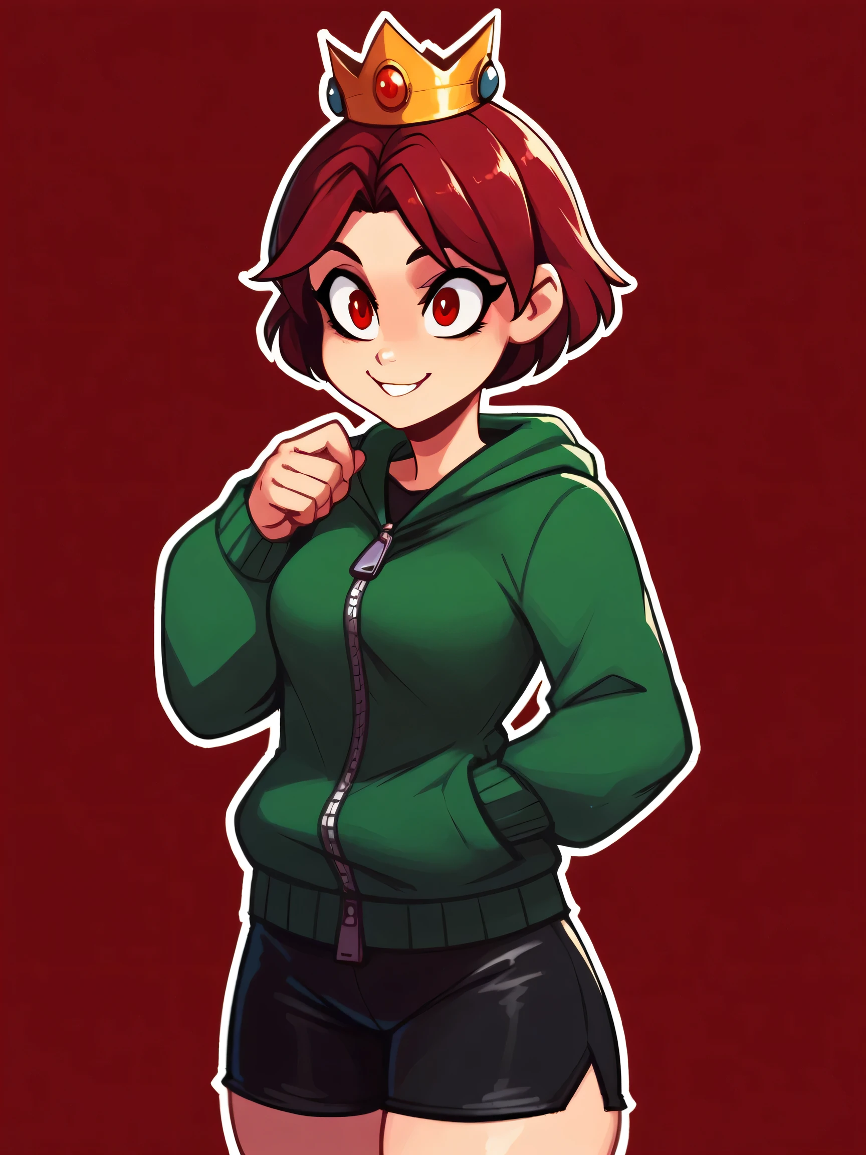 score_9, score_8_up, score_7_up, score_6_up, score_5_up, raichiyo33, 1girl, curvy, masterpiece, highres, red background, solo 1girl, white outline, red eyes, curvy, Enti, Short Hair, Red Hair, Green Hoodie, zipper, black shorts, upper body, smile, crown