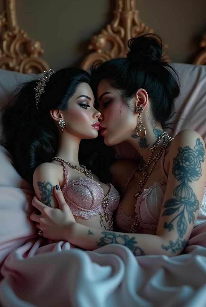 two girl kissing, see her ass,(bright lighting,romantic setting),dreamy background,,dark hair, mesmerizing gaze, , soft skin, alluring beauty, artistic portrait, high-quality image, vibrant colors,translucent long silk gown, mosquito net, lying down, romantic bedroom, bondage, arms behind back